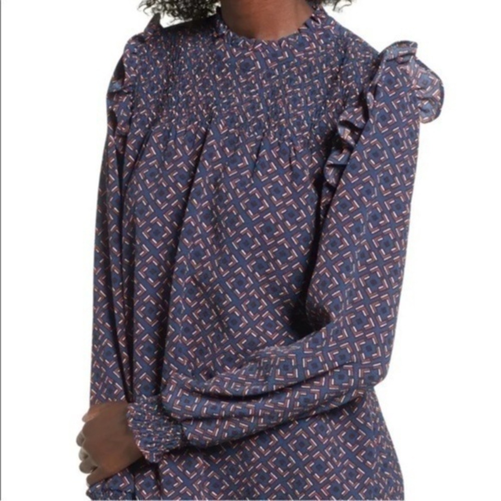 Leith Geometric Pattern Smocked Ruffle Detail High Neck Blouse Top‎ Blue Small